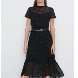 ZARA Black Flocked Swiss Dot Shirt Sleeve Flowy Midi Dress